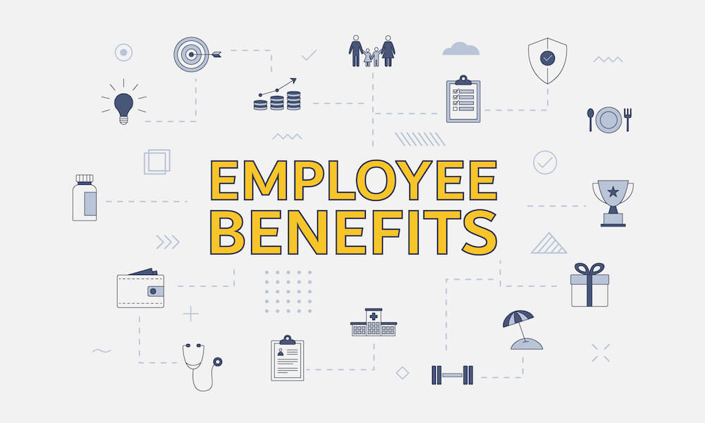 Graphic with employee benefits in the middle showing icons of different intangible employee benefits available